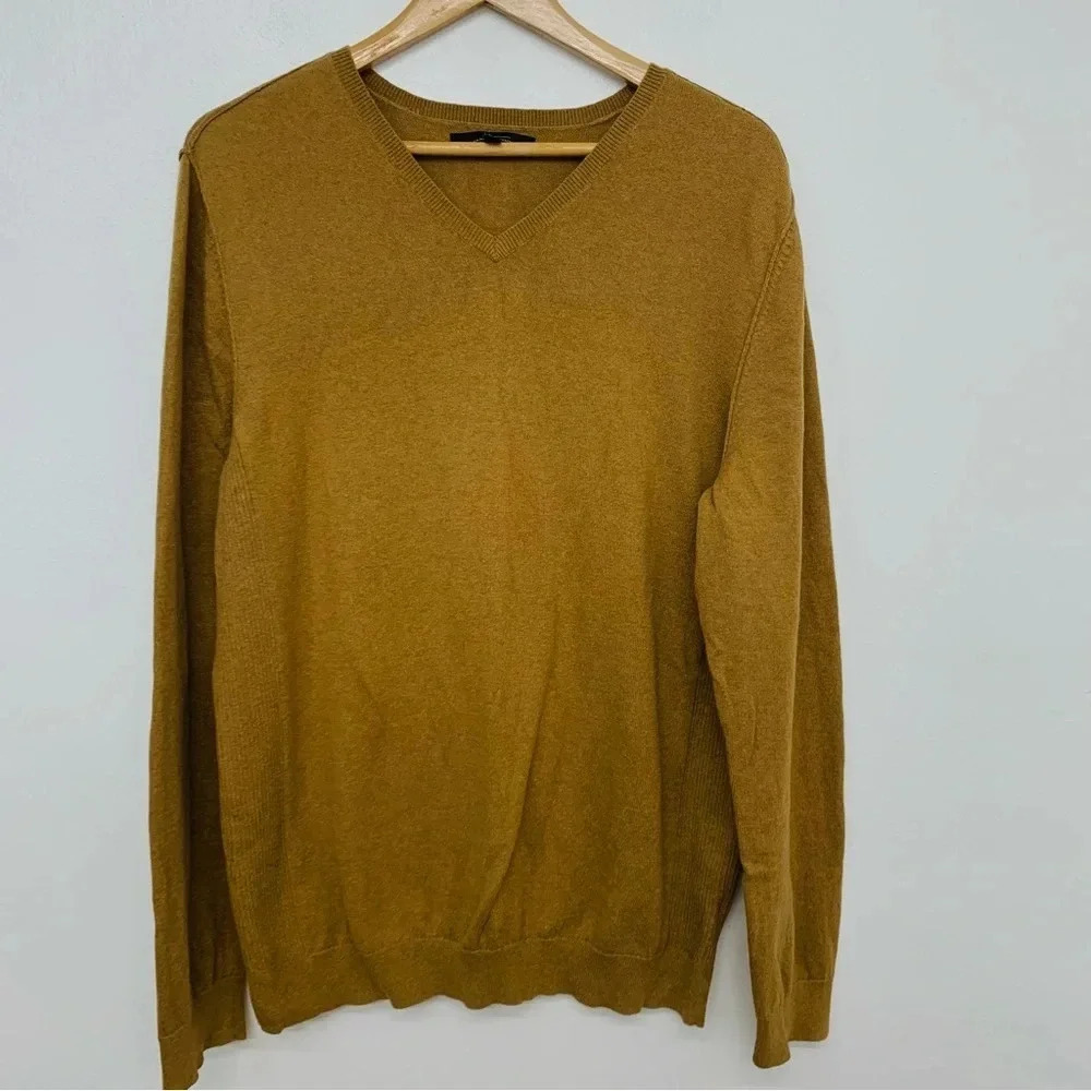 Mark Anthony Sweater Men XL Cotton Cashmere V Neck Camal Neutral Long Sleeve
